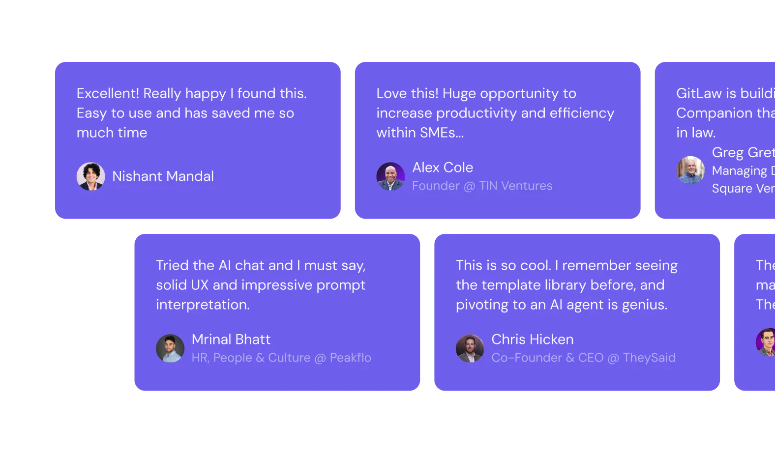 GitLaw testimonials — a wall of user quotes